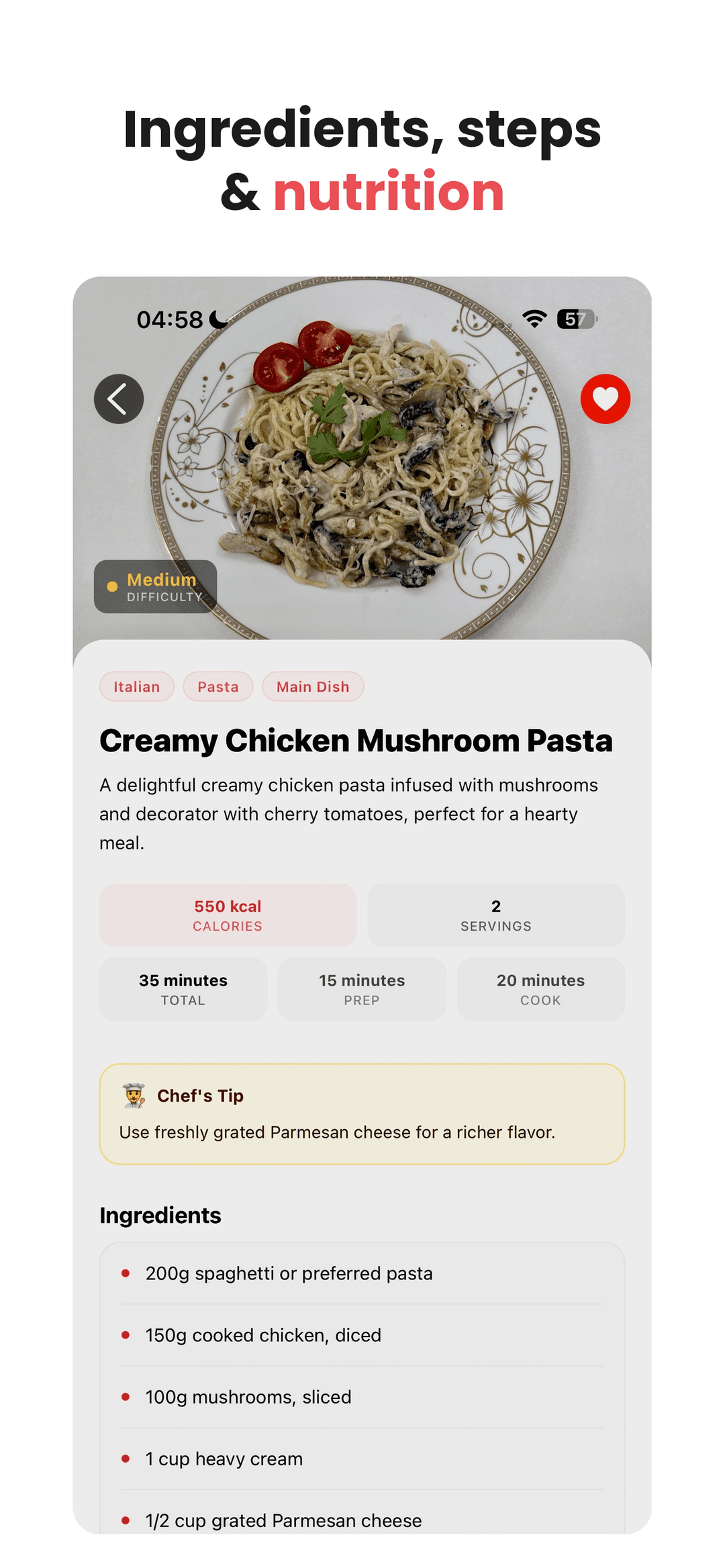 Recipe screen with ingredients, steps and nutrition