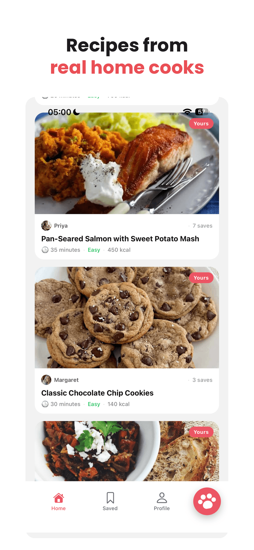 NomNomBear community feed with recipes from real home cooks