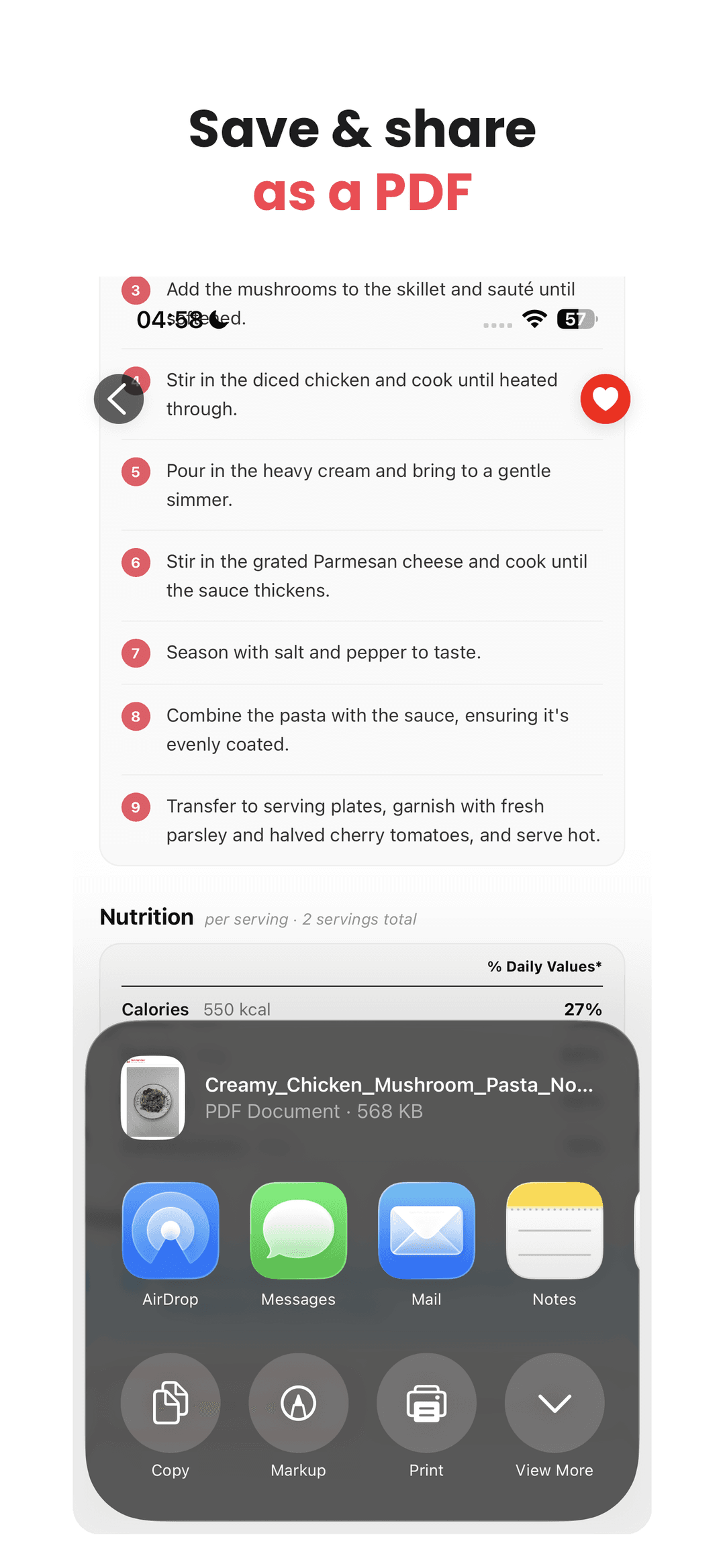 Saving and sharing a recipe as a PDF